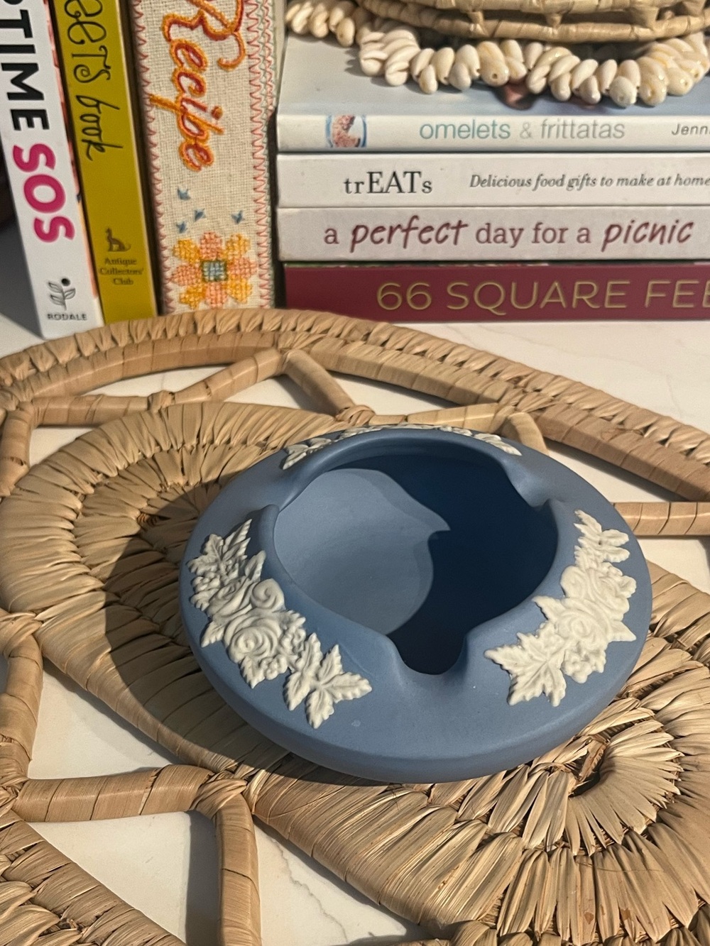 Blue Jasperware-Style Ceramic Dish with White Floral Relief ECanada Art Pottery